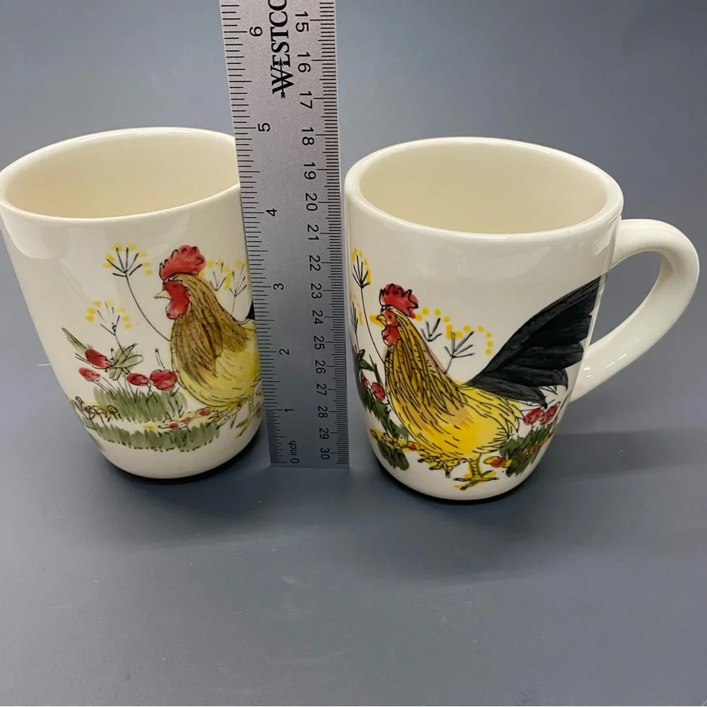 Paula Dean Set of 2 Southern Rooster Coffee Tea Cups Mugs Hand Painted Farmhouse